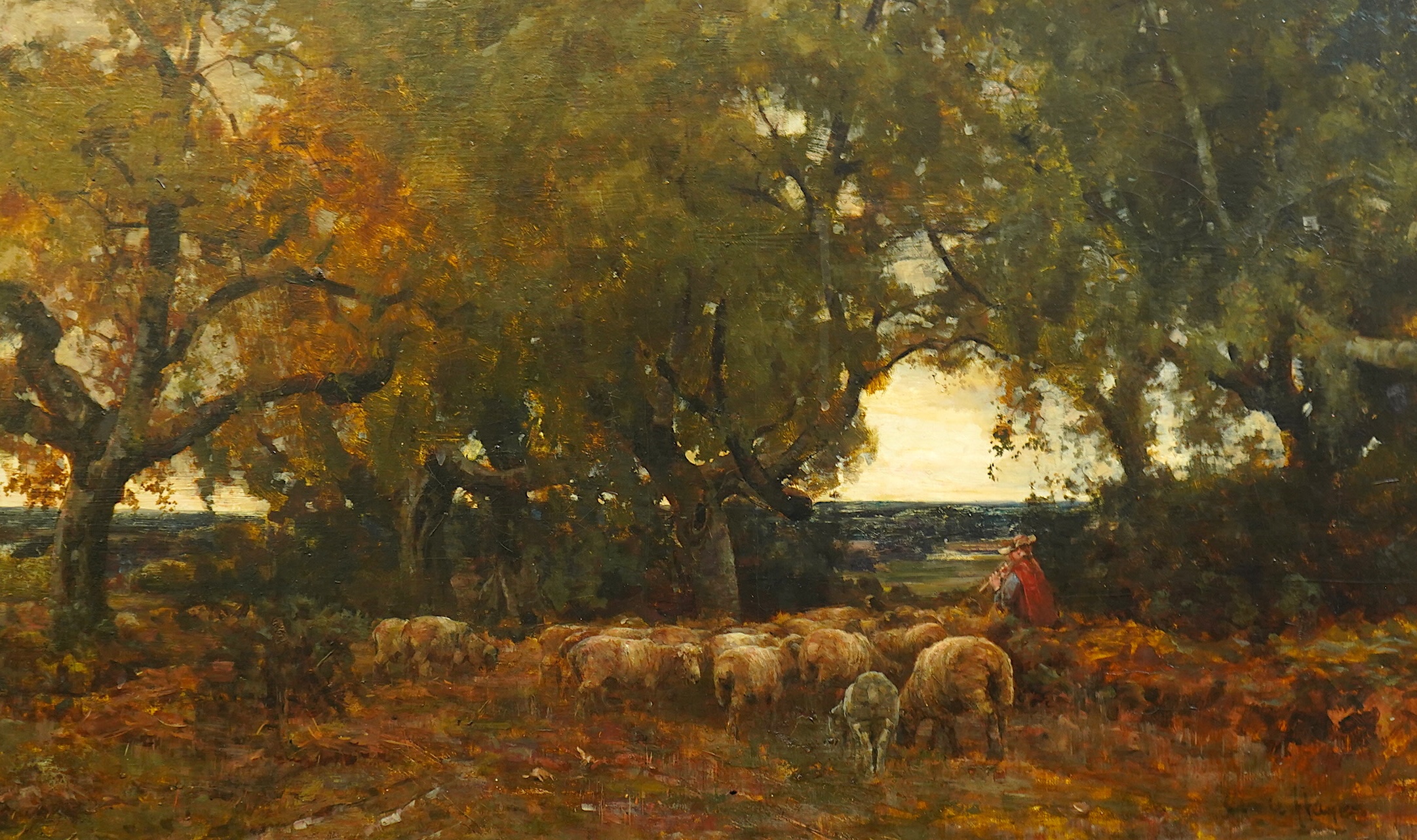 Claude Hayes (English, 1852-1922), Normandy, shepherd and flock, oil on canvas, 80 x 49.5cm